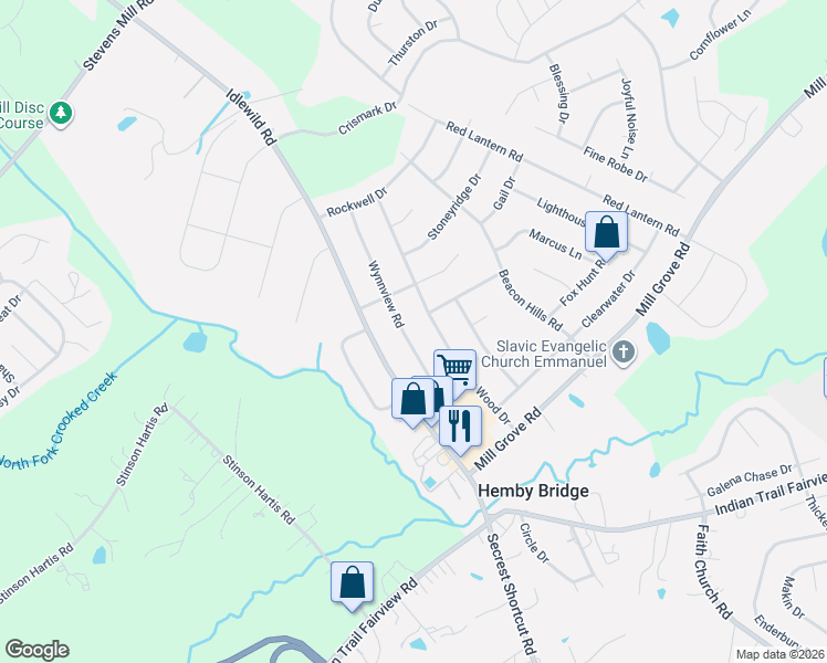 map of restaurants, bars, coffee shops, grocery stores, and more near 8006 Wynnview Road in Indian Trail