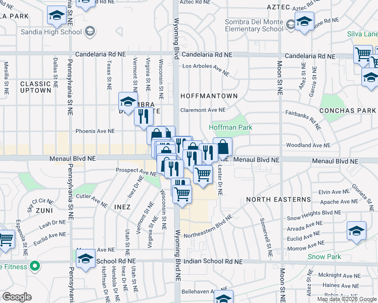 map of restaurants, bars, coffee shops, grocery stores, and more near 8400 Menaul Boulevard Northeast in Albuquerque