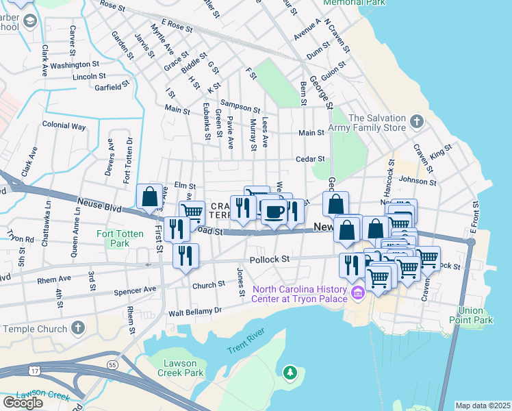 map of restaurants, bars, coffee shops, grocery stores, and more near 512 Roundtree Street in New Bern