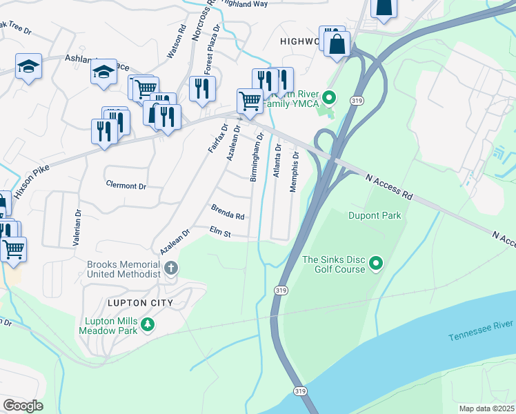 map of restaurants, bars, coffee shops, grocery stores, and more near 3827 Atlanta Drive in Chattanooga