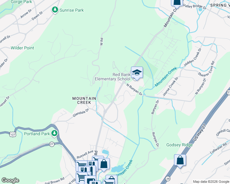 map of restaurants, bars, coffee shops, grocery stores, and more near 936 Mountain Creek Road in Chattanooga
