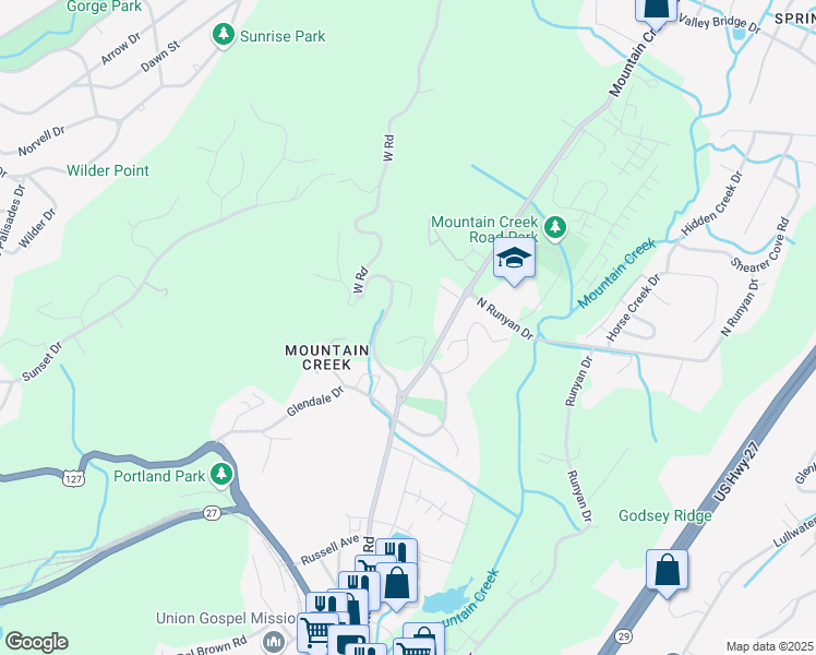 map of restaurants, bars, coffee shops, grocery stores, and more near 966 Mountain Creek Road in Chattanooga