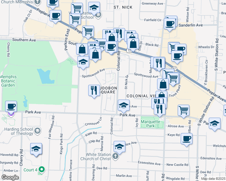map of restaurants, bars, coffee shops, grocery stores, and more near 728 Hedgegrove Drive in Memphis