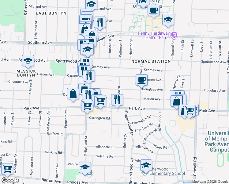 map of restaurants, bars, coffee shops, grocery stores, and more near 3634 Marion Avenue in Memphis