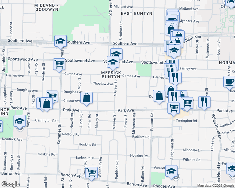 map of restaurants, bars, coffee shops, grocery stores, and more near 832 South Greer Street in Memphis