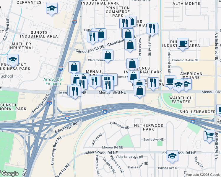 map of restaurants, bars, coffee shops, grocery stores, and more near 2200 Menaul Boulevard Northeast in Albuquerque