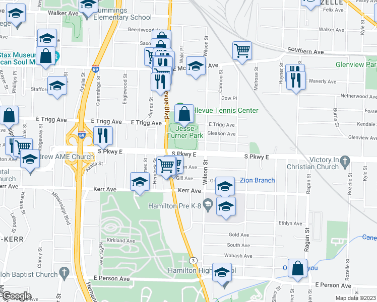 map of restaurants, bars, coffee shops, grocery stores, and more near 1244 South Parkway East in Memphis