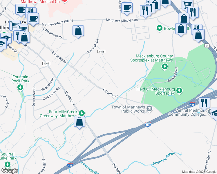 map of restaurants, bars, coffee shops, grocery stores, and more near 504 Merancas Court in Matthews