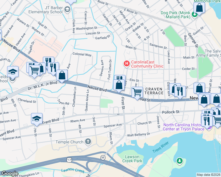 map of restaurants, bars, coffee shops, grocery stores, and more near 1405 Neuse Boulevard in New Bern