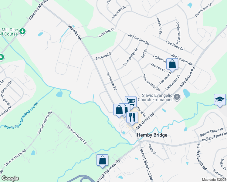 map of restaurants, bars, coffee shops, grocery stores, and more near 8012 Idlewild Road in Indian Trail