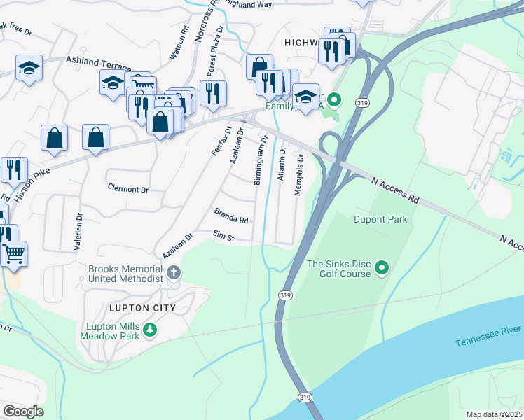 map of restaurants, bars, coffee shops, grocery stores, and more near 3827 Atlanta Drive in Chattanooga