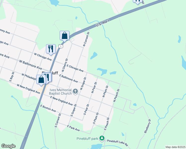 map of restaurants, bars, coffee shops, grocery stores, and more near East Chicago Avenue in Pinebluff