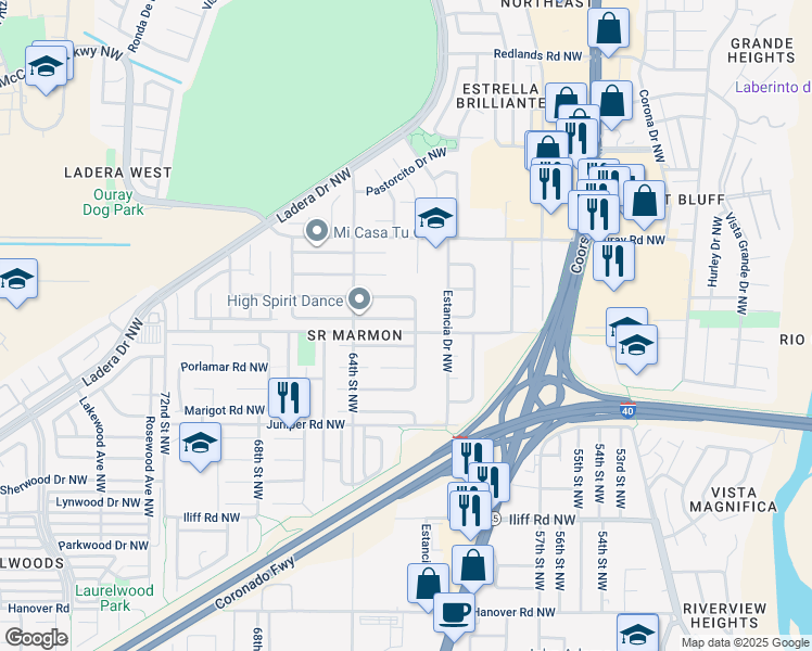 map of restaurants, bars, coffee shops, grocery stores, and more near 2216 Summer Ray Drive Northwest in Albuquerque