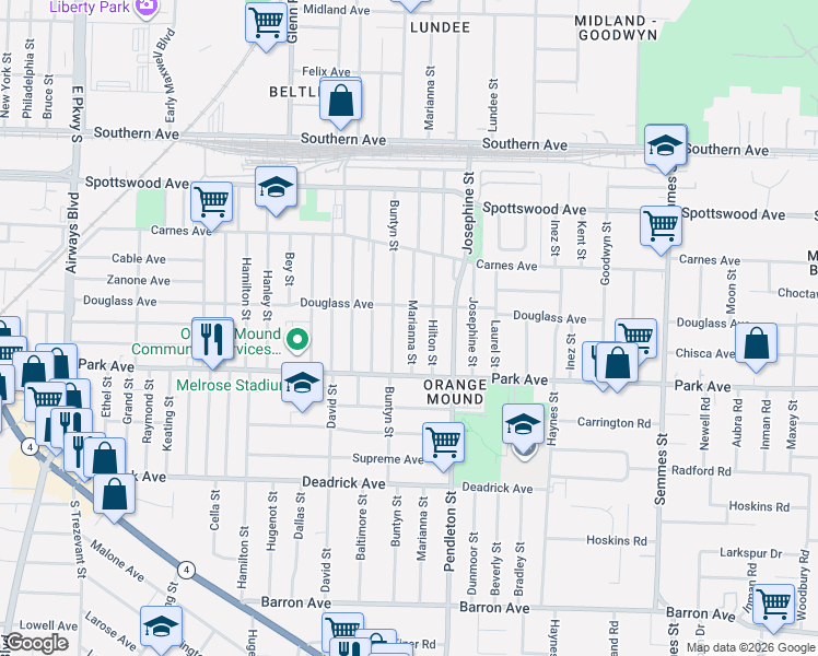 map of restaurants, bars, coffee shops, grocery stores, and more near 843 Marianna Street in Memphis