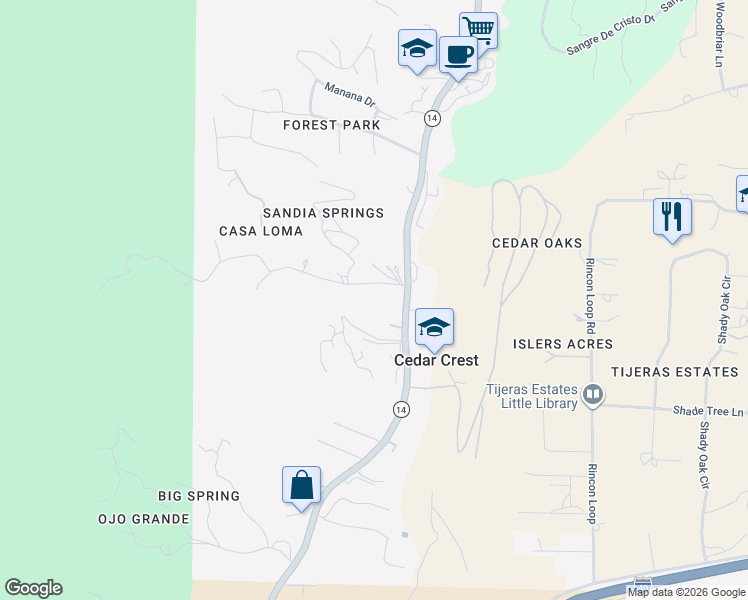 map of restaurants, bars, coffee shops, grocery stores, and more near 7 Casa Loma Road in Cedar Crest