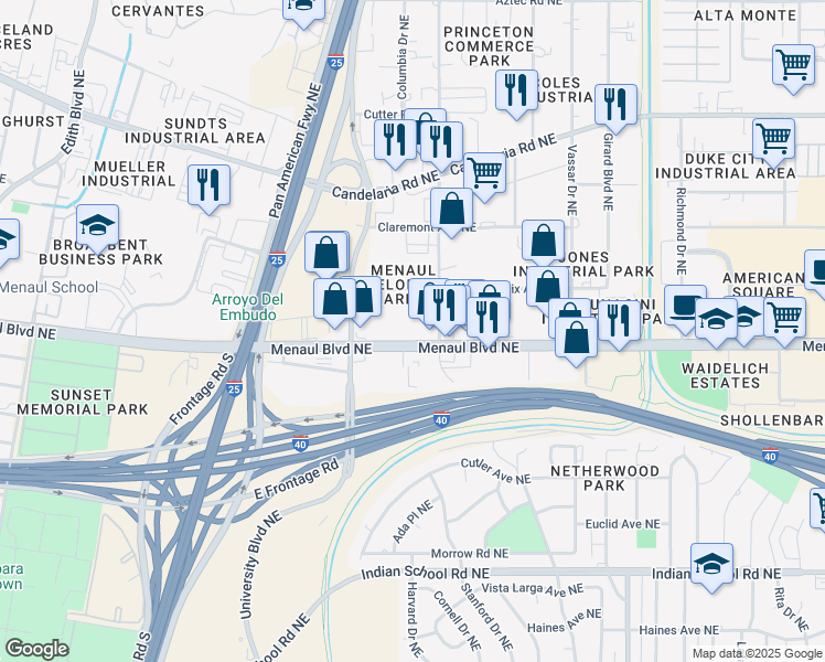 map of restaurants, bars, coffee shops, grocery stores, and more near 2019 Menaul Boulevard Northeast in Albuquerque