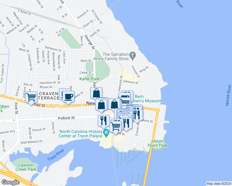 map of restaurants, bars, coffee shops, grocery stores, and more near 505 New Street in New Bern