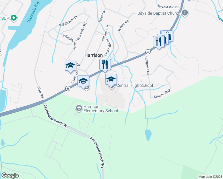 map of restaurants, bars, coffee shops, grocery stores, and more near 5728 Highway 58 in Harrison