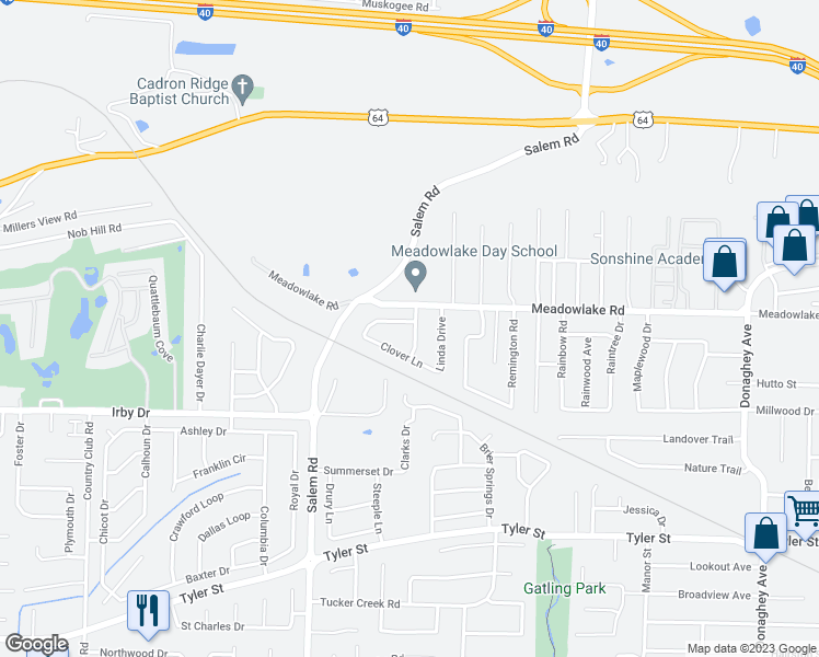 map of restaurants, bars, coffee shops, grocery stores, and more near 2735 Razorback Drive in Conway
