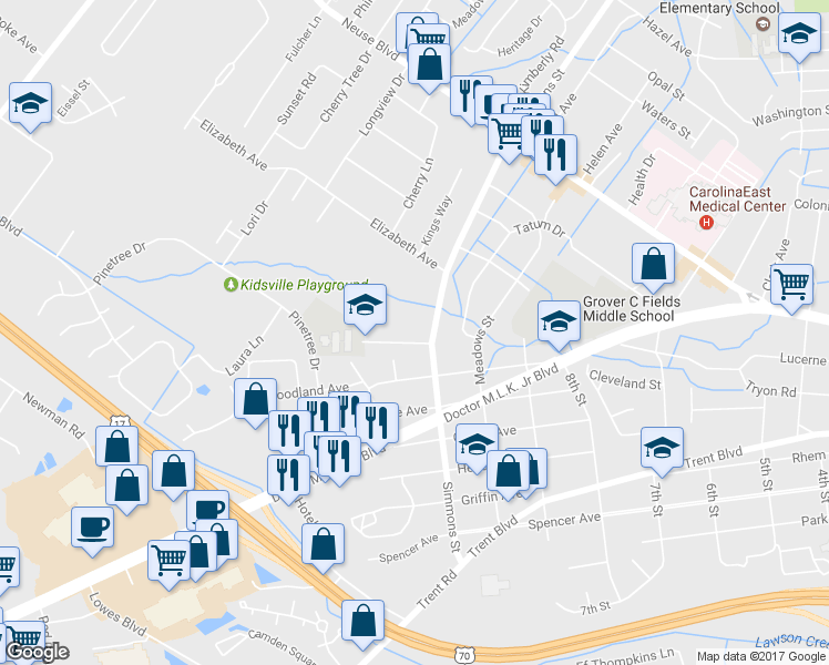 map of restaurants, bars, coffee shops, grocery stores, and more near 2404 Educational Drive in New Bern