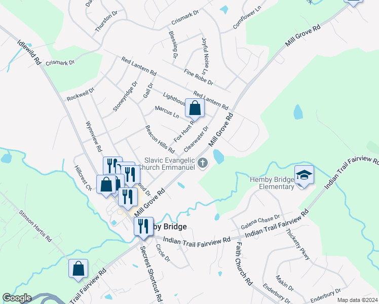 map of restaurants, bars, coffee shops, grocery stores, and more near 6304 Clearwater Drive in Indian Trail