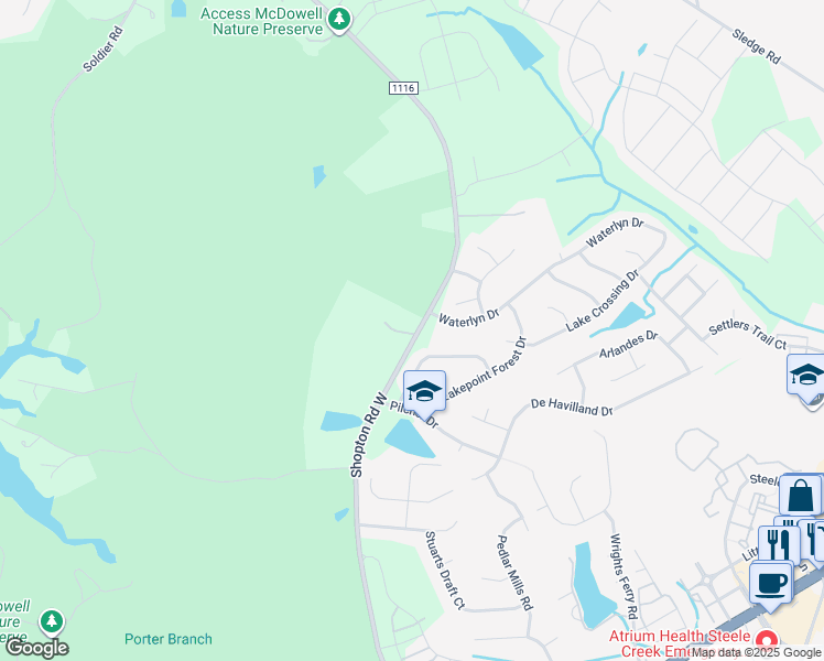 map of restaurants, bars, coffee shops, grocery stores, and more near 11732 Village Pond Drive in Charlotte