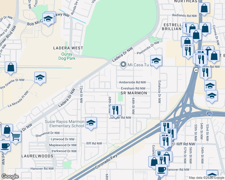 map of restaurants, bars, coffee shops, grocery stores, and more near 2216 68th Street Northwest in Albuquerque