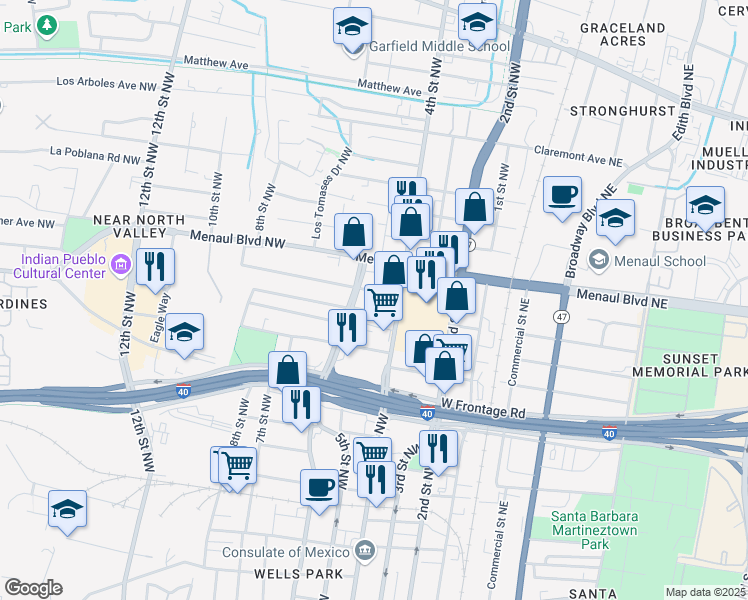 map of restaurants, bars, coffee shops, grocery stores, and more near 428 Prospect Avenue Northwest in Albuquerque
