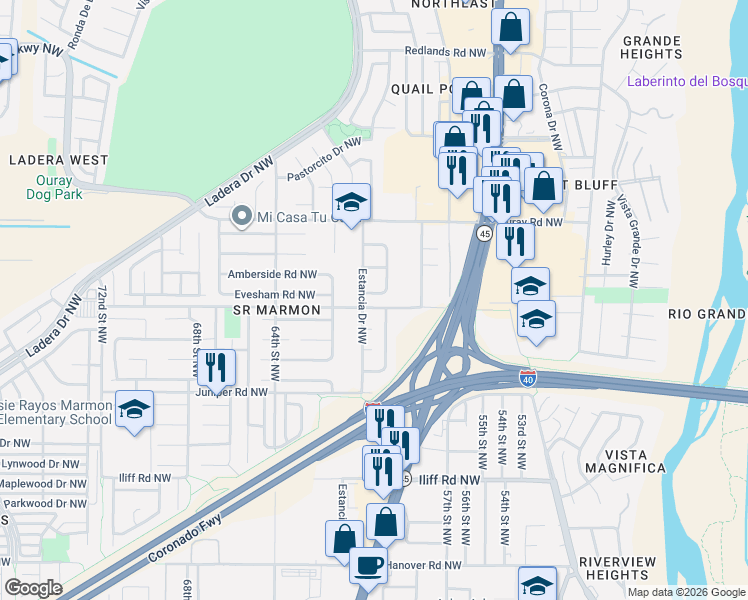 map of restaurants, bars, coffee shops, grocery stores, and more near 5901 Camino Quieto Northwest in Albuquerque