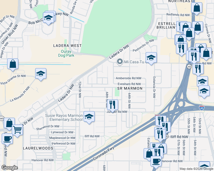map of restaurants, bars, coffee shops, grocery stores, and more near 2216 68th Street Northwest in Albuquerque