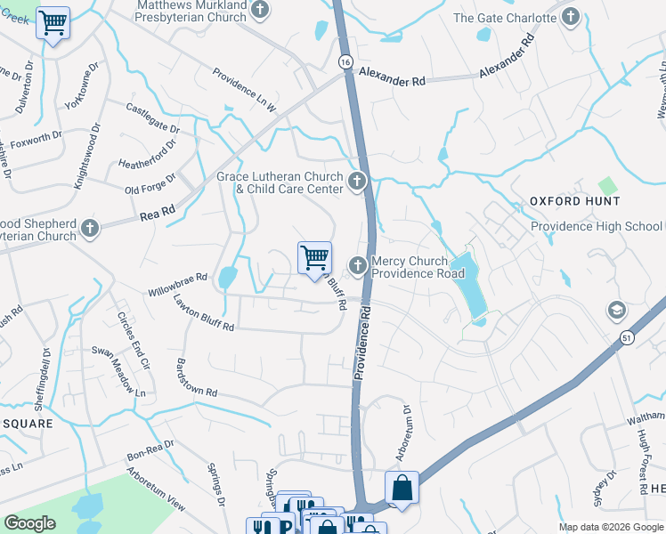 map of restaurants, bars, coffee shops, grocery stores, and more near 7200 Providence Road in Charlotte