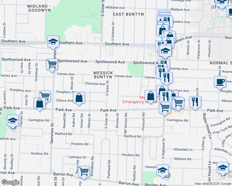 map of restaurants, bars, coffee shops, grocery stores, and more near 826 Brower Street in Memphis