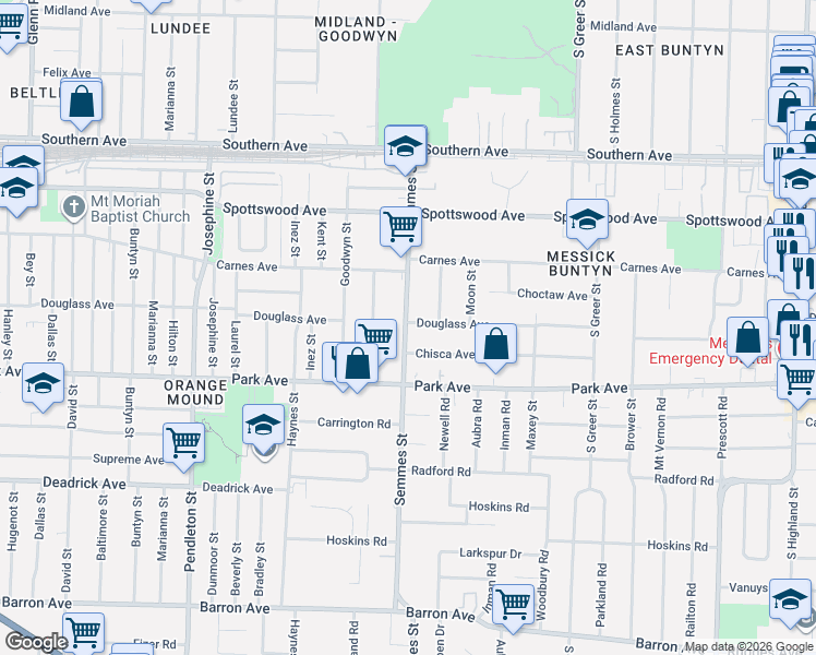map of restaurants, bars, coffee shops, grocery stores, and more near 3050 Chisca Avenue in Memphis