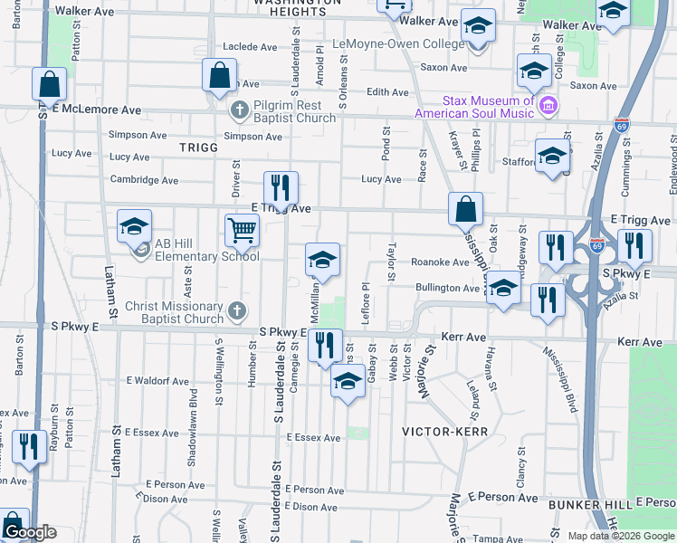 map of restaurants, bars, coffee shops, grocery stores, and more near 1396 South Orleans Street in Memphis