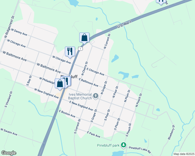 map of restaurants, bars, coffee shops, grocery stores, and more near North Currant Street in Pinebluff