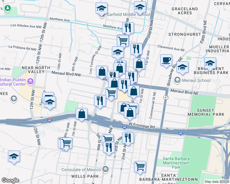 map of restaurants, bars, coffee shops, grocery stores, and more near 404 Prospect Avenue Northwest in Albuquerque