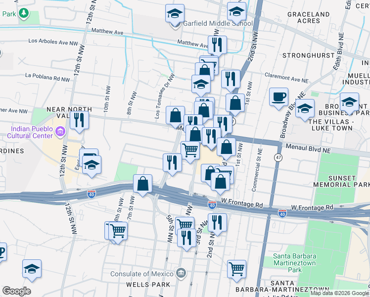 map of restaurants, bars, coffee shops, grocery stores, and more near 428 Prospect Avenue Northwest in Albuquerque