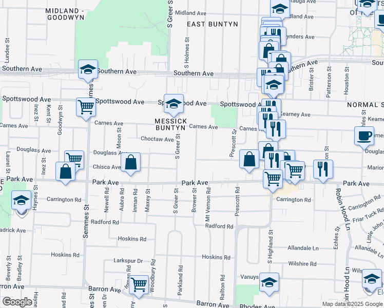 map of restaurants, bars, coffee shops, grocery stores, and more near 826 Brower Street in Memphis