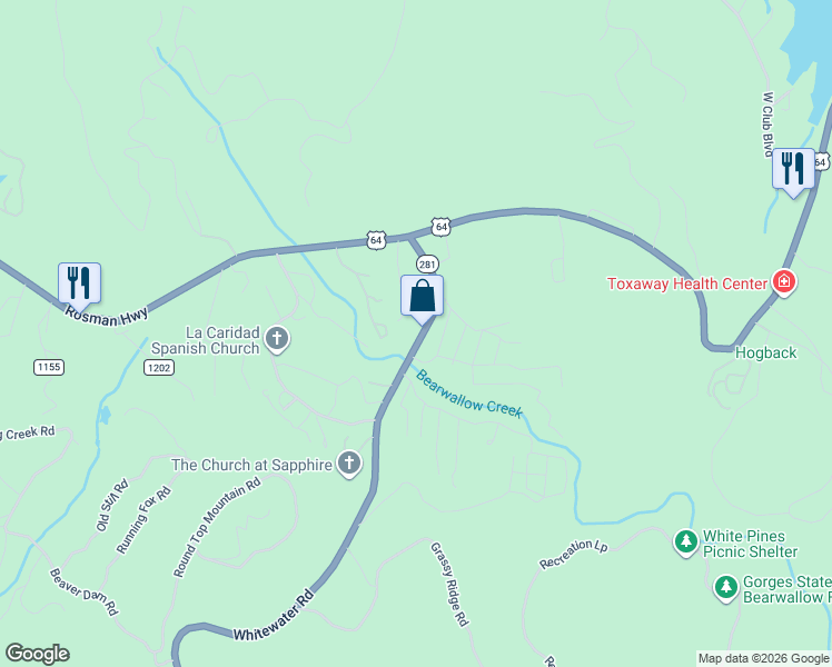 map of restaurants, bars, coffee shops, grocery stores, and more near 5 Possum Drive in Sapphire
