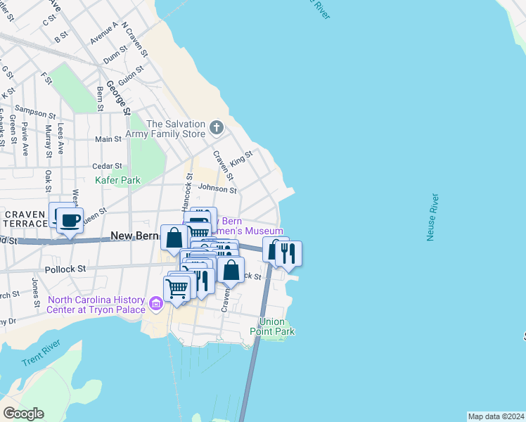 map of restaurants, bars, coffee shops, grocery stores, and more near 202 Linden Street in New Bern