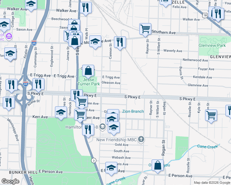 map of restaurants, bars, coffee shops, grocery stores, and more near 1379 South Parkway East in Memphis