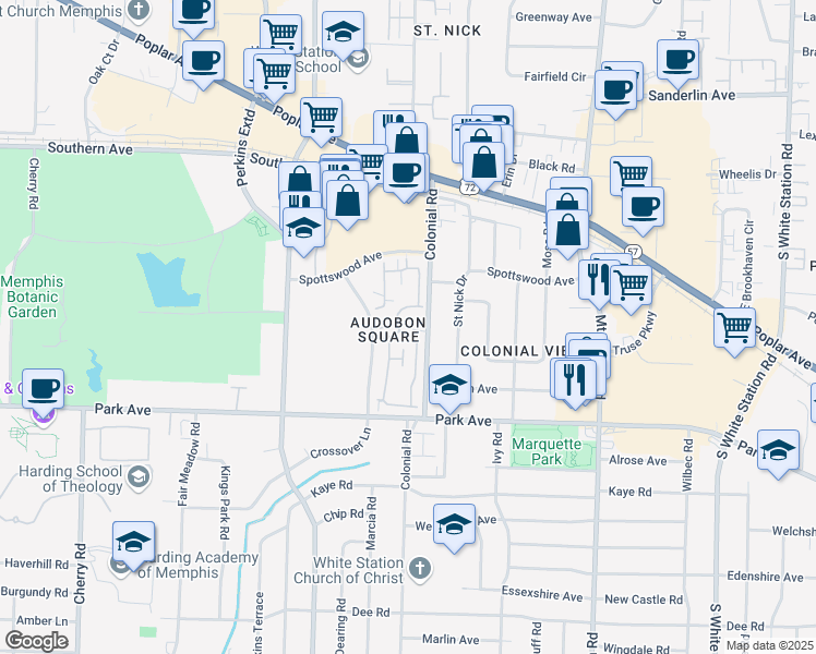 map of restaurants, bars, coffee shops, grocery stores, and more near 4781 Audubon View Circle in Memphis