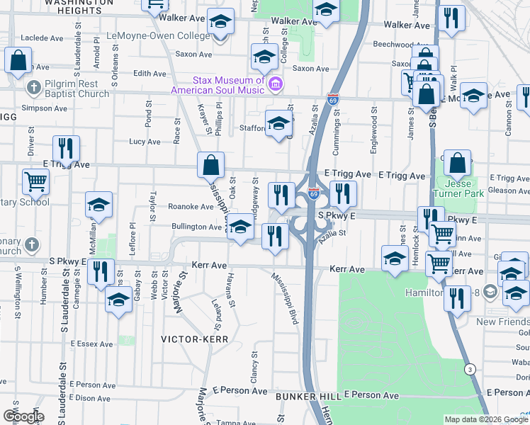 map of restaurants, bars, coffee shops, grocery stores, and more near 938 Bullington Avenue in Memphis