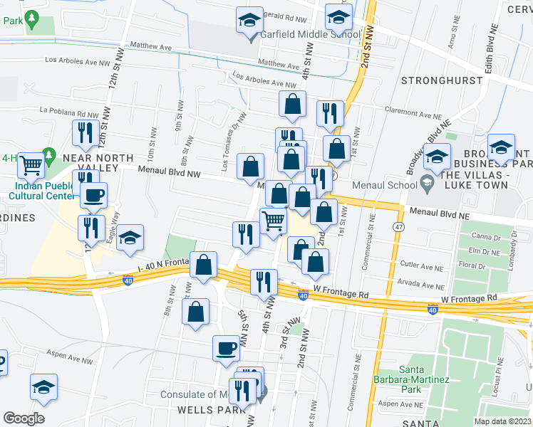 map of restaurants, bars, coffee shops, grocery stores, and more near 422 Towner Avenue Northwest in Albuquerque