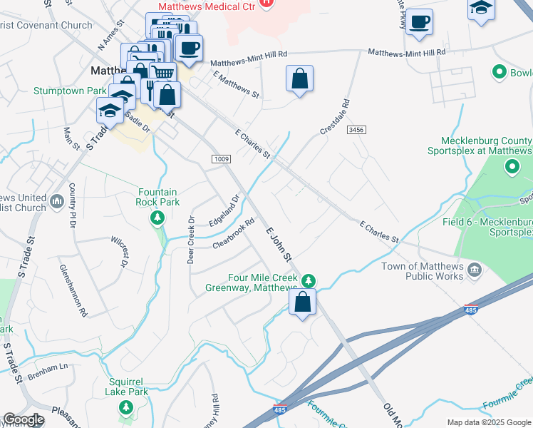map of restaurants, bars, coffee shops, grocery stores, and more near 803 East John Street in Matthews
