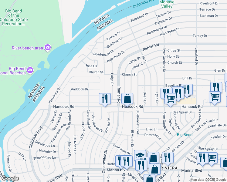map of restaurants, bars, coffee shops, grocery stores, and more near 527 Ramar Road in Bullhead City