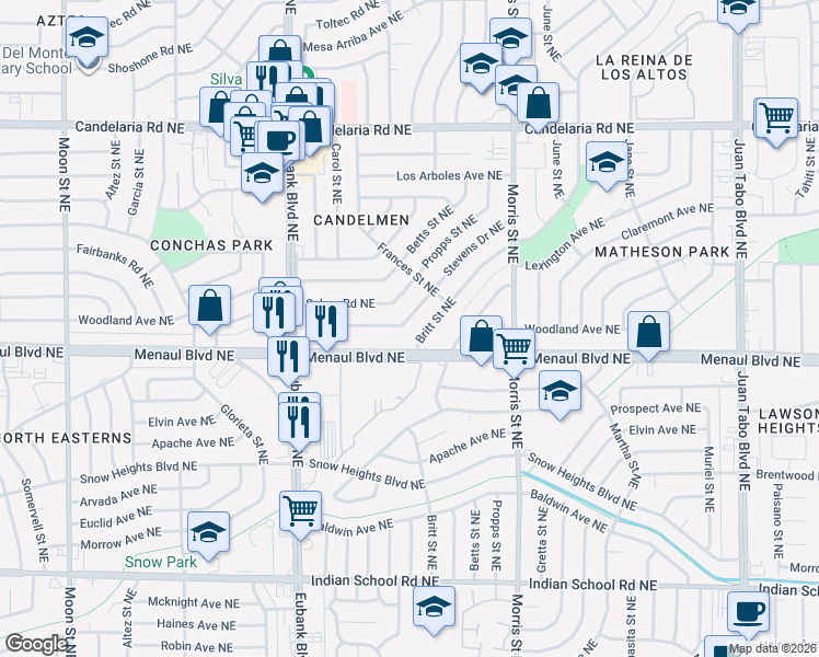 map of restaurants, bars, coffee shops, grocery stores, and more near 2319 Stevens Drive Northeast in Albuquerque