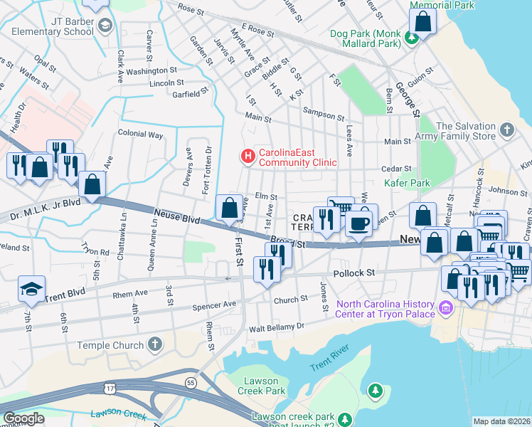 map of restaurants, bars, coffee shops, grocery stores, and more near 621 1st Avenue in New Bern