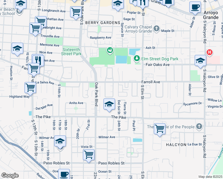 map of restaurants, bars, coffee shops, grocery stores, and more near 514 Bakeman Lane in Arroyo Grande