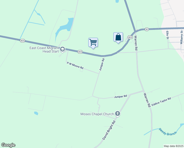 map of restaurants, bars, coffee shops, grocery stores, and more near P W Moore Road in Faison
